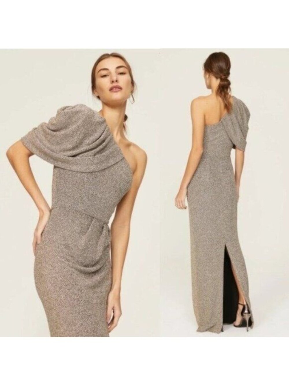 Black Halo EVE Egan One Shoulder Metallic Gown 0 Gold Luxe Long Stretch Pleated